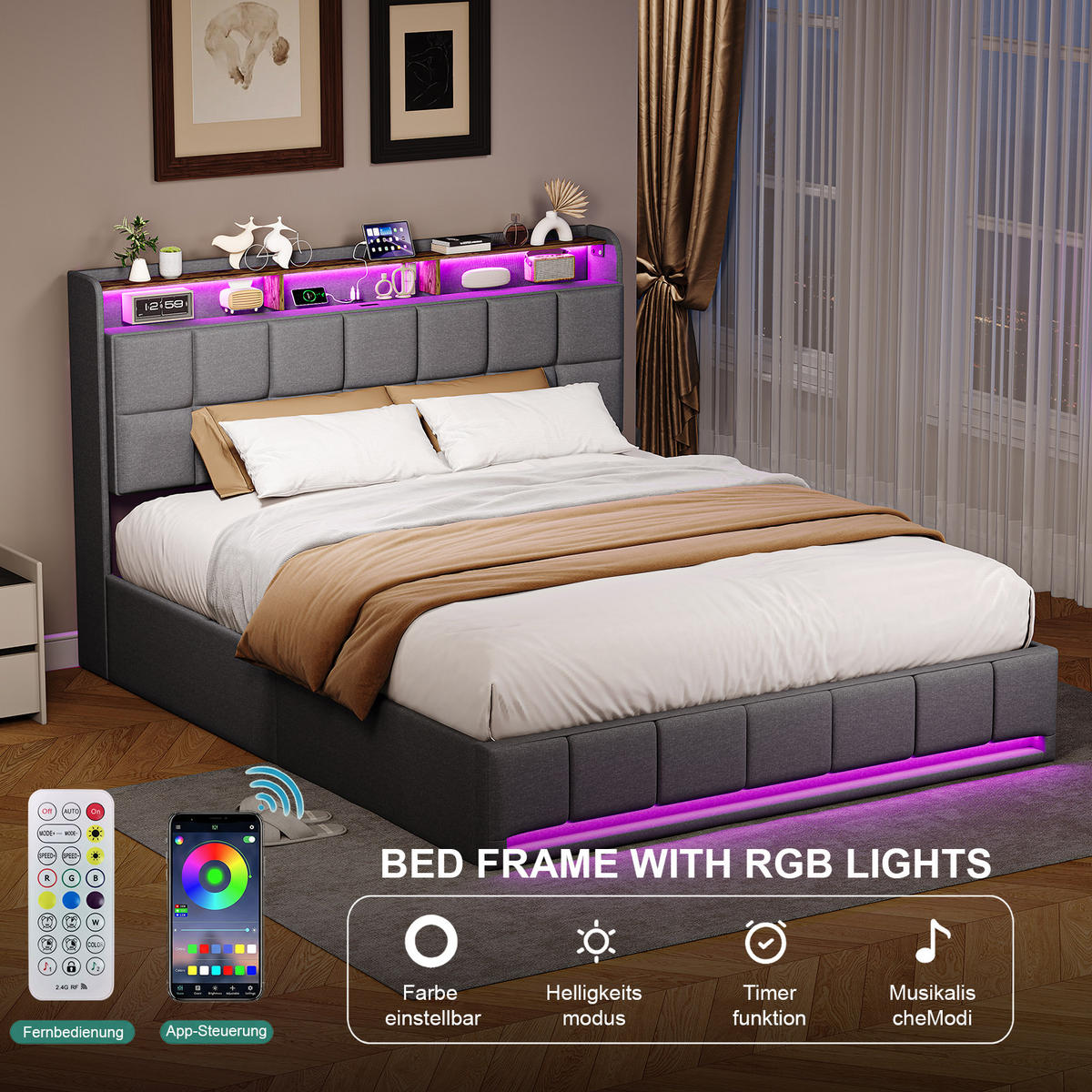 POLSTERBETT 140x200cm Grau Leinen LED USB-C Stauraum - Grau, Metall - SHOPENTRA