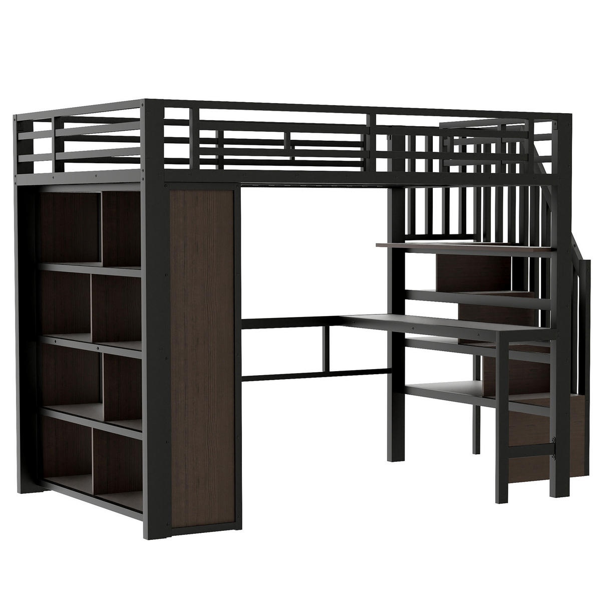 HOCHBETT 140/200 cm Schwarz mit Schreibtisch, Stauraumtreppe und LED-Beleuchtung - Schwarz, Metall (140/200cm) - Flora Grace