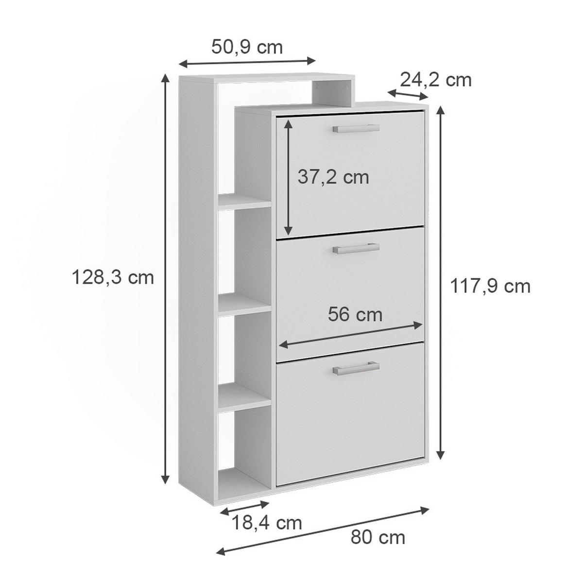 SCHUHKOMMODE Orlando Weiß 80 x 128.3 cm mit 3 Fächern - Weiß, Holzwerkstoff (80/128.3/24.2cm) - Vicco