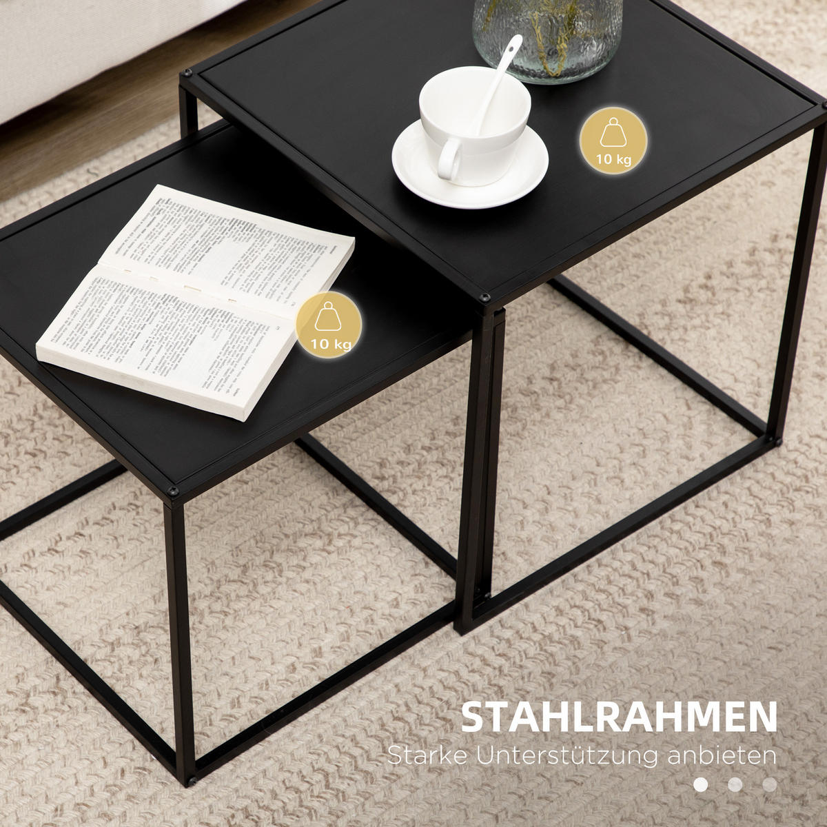 2ER-SET Couchtisch Beistelltisch für Wohnzimmer aus Stahlgestell Schwarz - Schwarz, Metall (40/40/40cm) - HOMCOM