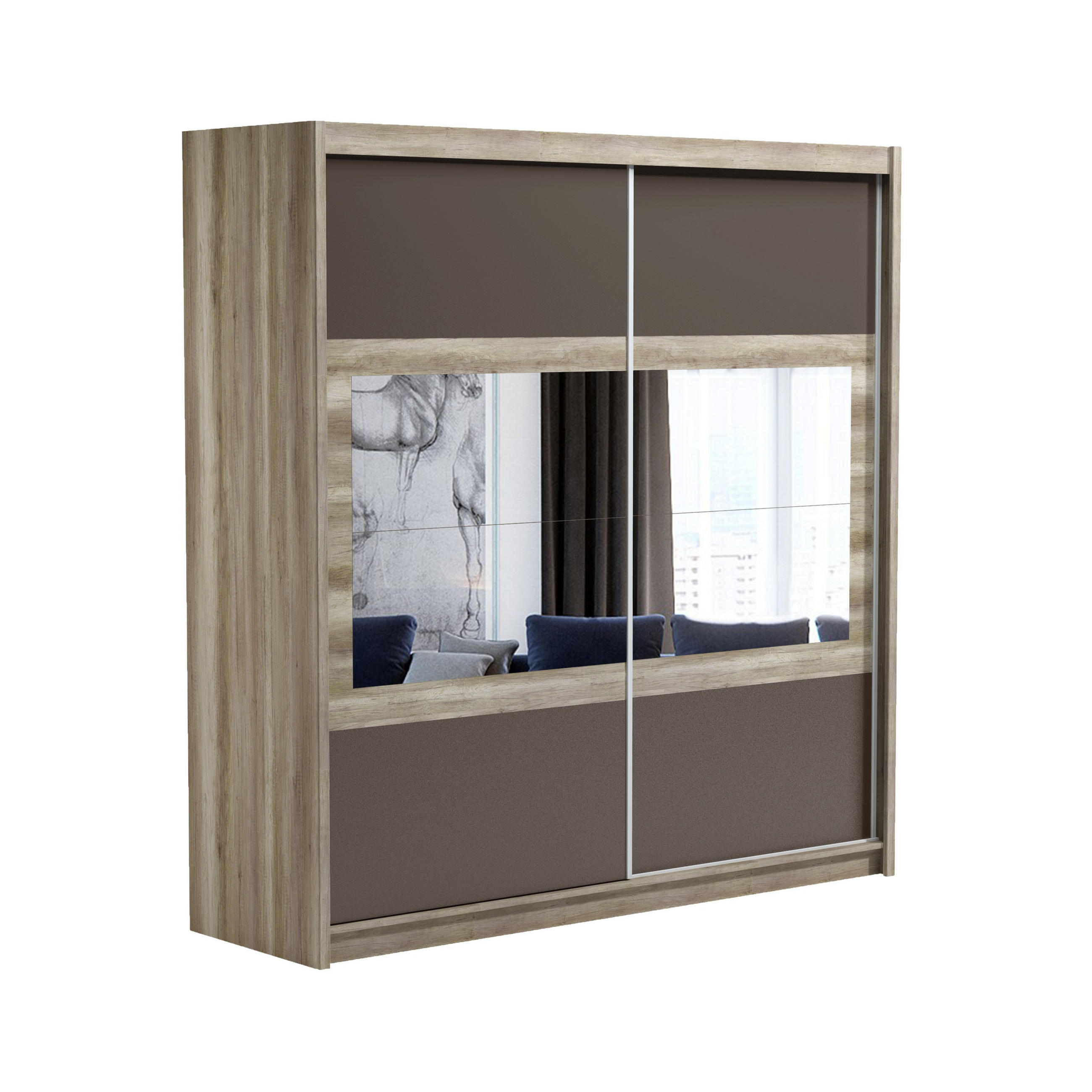 SCHWEBETÜRENSCHRANK POPPY 203/215/61 cm 2-türig mit Spiegel Eichefarben - Eichefarben/Braun, Holzwerkstoff (203/215/61cm) - MASSENO