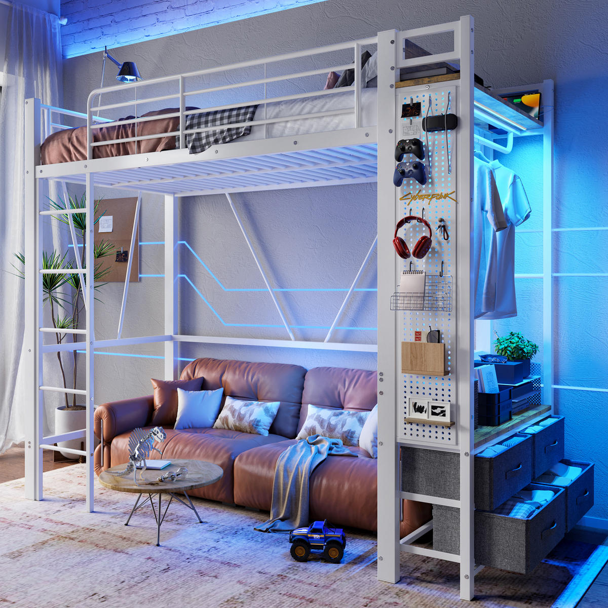 HOCHBETT 90x200cm Weiß Metall Trockenstab 4 Schubladen USB-C LED - Weiß, Metall (90/200cm) - FLIEKS