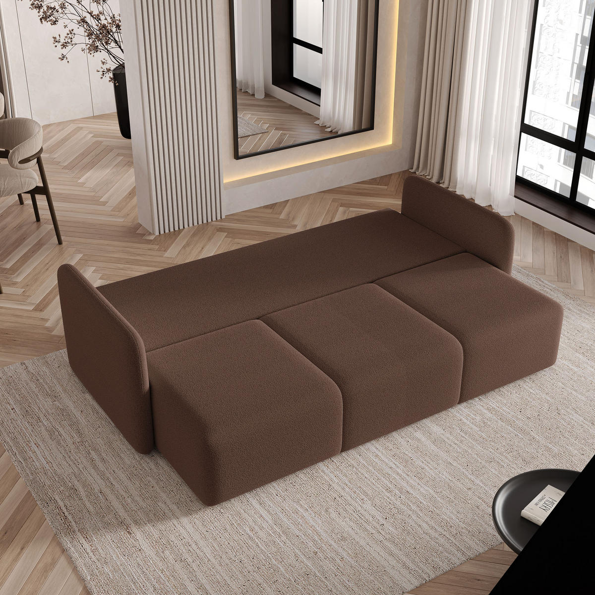 BETTSOFA SUVI III Q Braun Bucle-Stoff mit Schlaffunktion - Dunkelbraun, Textil (220/85/90cm) - MASSENO