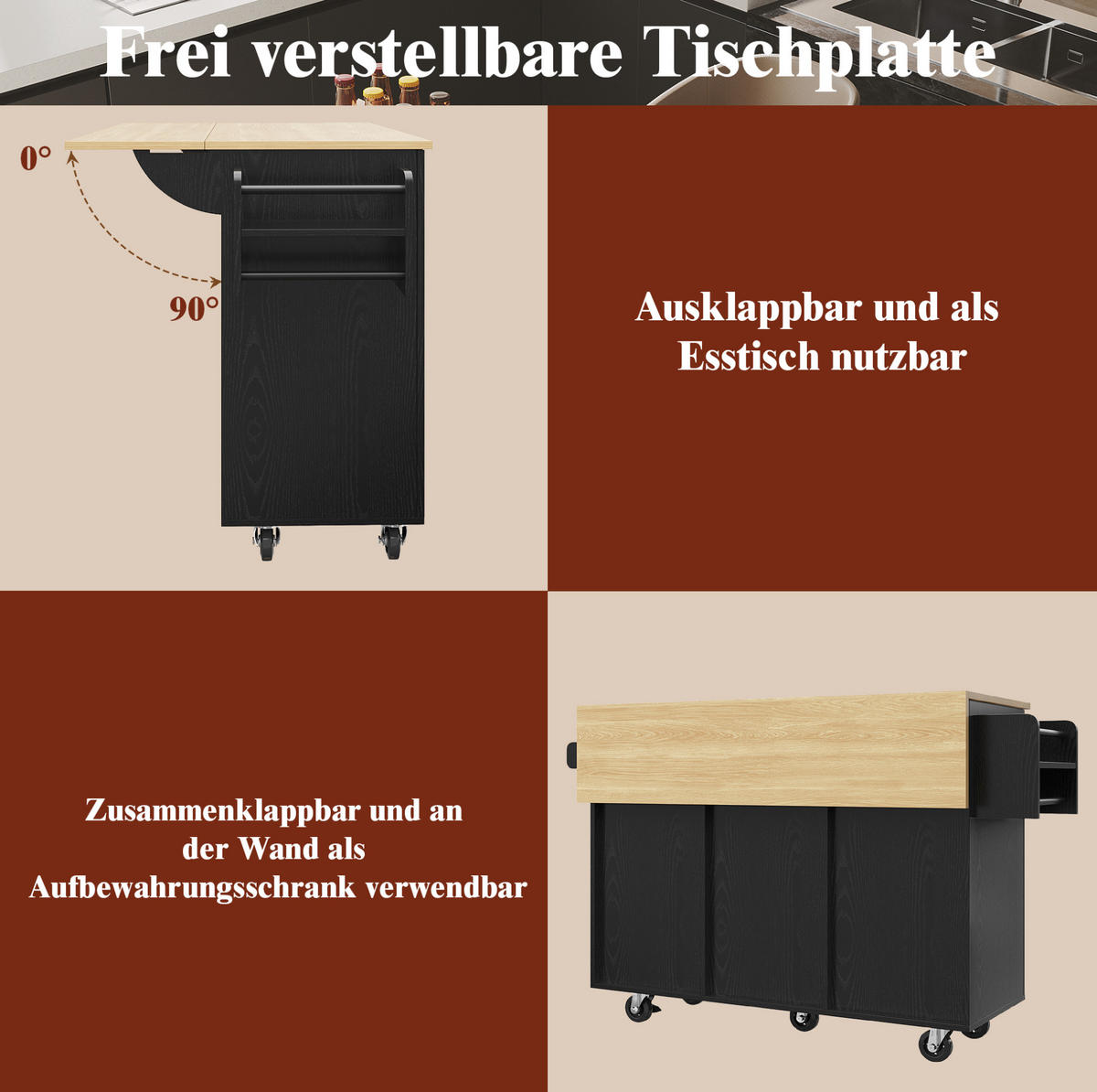 KUHINJSKI voziček 110/46/90,5 cm iz MDF in kovine z zložljivo ploščo, raztegljivim shranjevanjem in kolesi, Črna - črna, leseni material (110/90.5/46cm) - Redom
