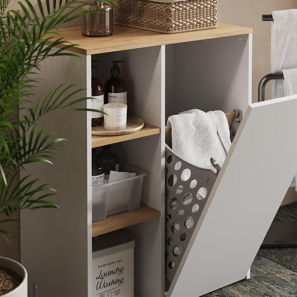 BADSCHRANK Viktor Weiß/Artisan 68 x 88.2 cm mit offenen Regalen und Wäschekorb - Weiß, Holzwerkstoff (68/88.2/40.5cm) - Vicco