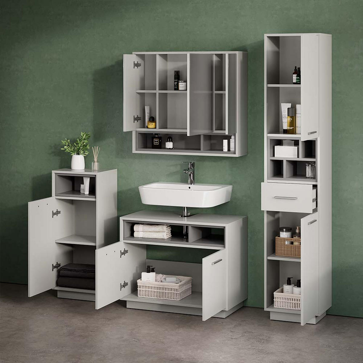 BADMÖBEL-SET Temo Grau 4 Teile - Anthrazit/Grau, Holzwerkstoff (80/93/40cm) - Livinity®