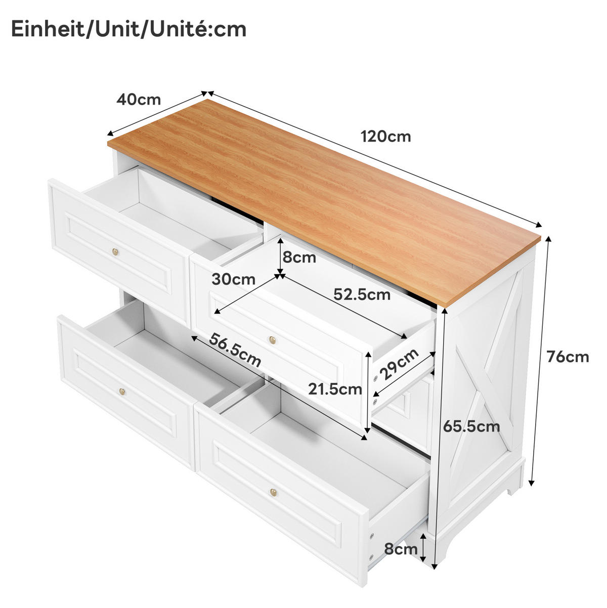 SIDEBOARD 120/40/76 cm in Weiß/Natur mit 6 Schubladen im Landhausstil - Weiß, Holzwerkstoff (120/76/40cm) - Flora Grace