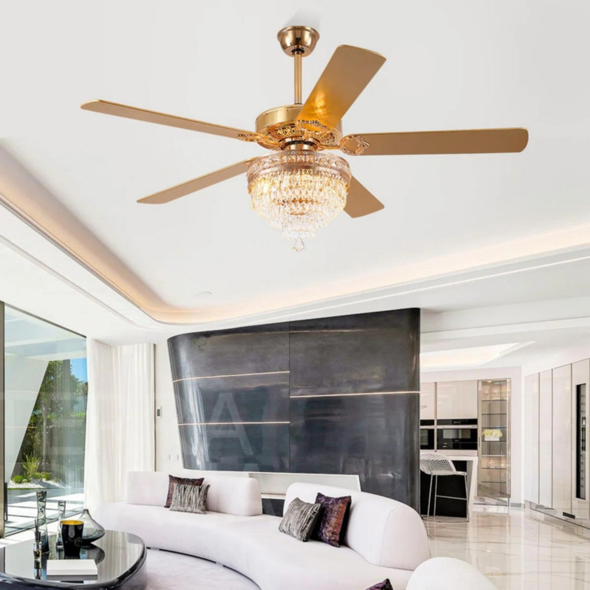 DECKENVENTILATOR Goldfarben 157,5 cm mit Kristallleuchte und Fernbedienung - Goldfarben, Metall (157.5/157.5/62.5cm) - Surtime