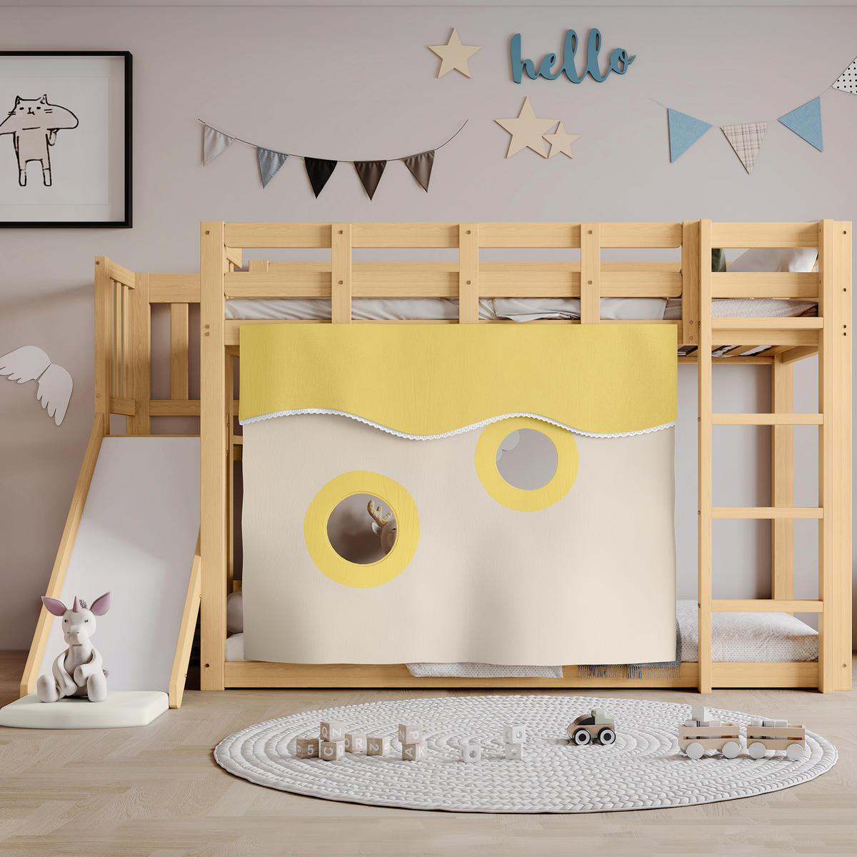 ETAGENBETT 90/200 cm aus Kiefer und MDF mit Treppe, Rutsche und Bettvorhang Natur - Naturfarben, Holzwerkstoff (90/200cm) - Modenvie