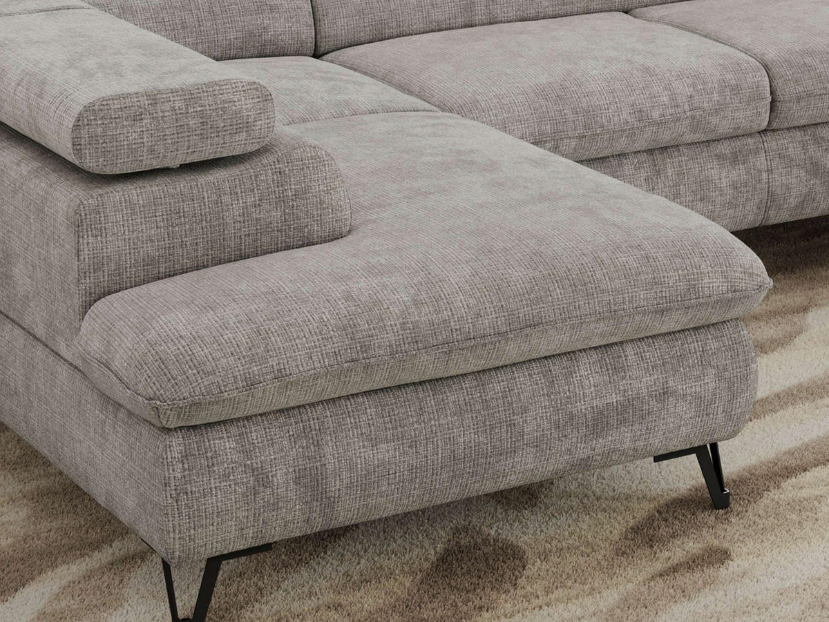 WOHNLANDSCHAFT PABLO U Schenille grob gewebt Hellgrau - Hellgrau/Schwarz, Textil/Metall (346/76/208cm) - MKS