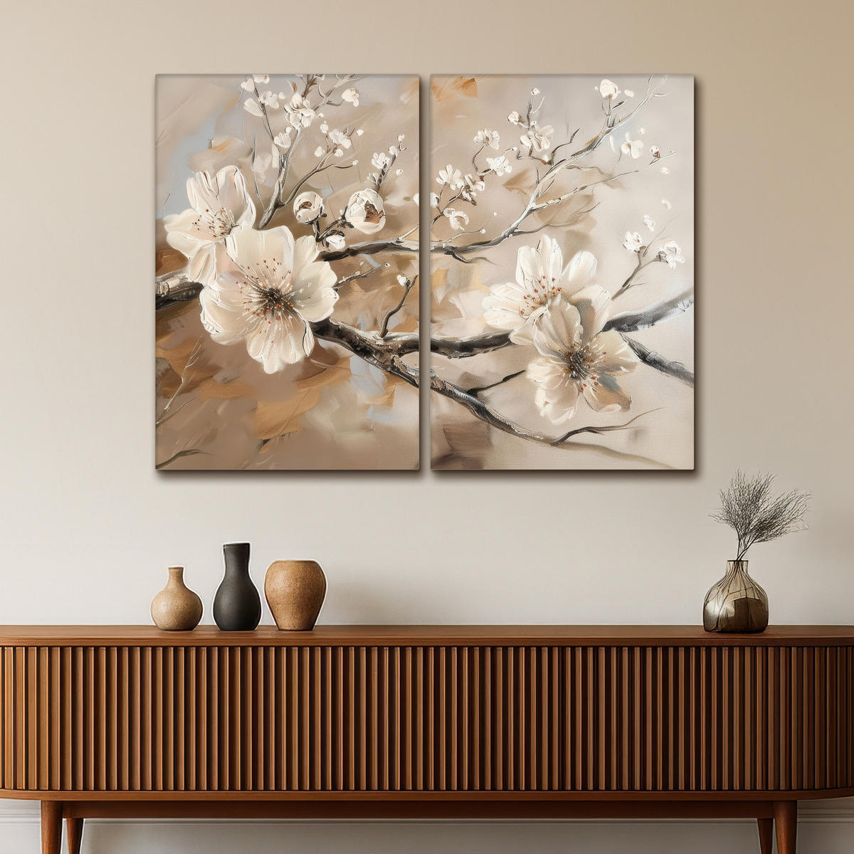 LEINWANDBILD 2er Set Blüte - Beige - Abstrakt - Blumen 120x90 cm - Hellbraun, Textil (120/90cm) - MuchoWow