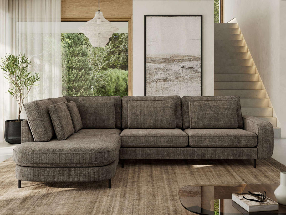 ROHOVÁ SEDAČKA CALENO L - Hnědá hladký senil - Pravá Strana - černá/hnědá, kov/textil (317/225cm) - MKS