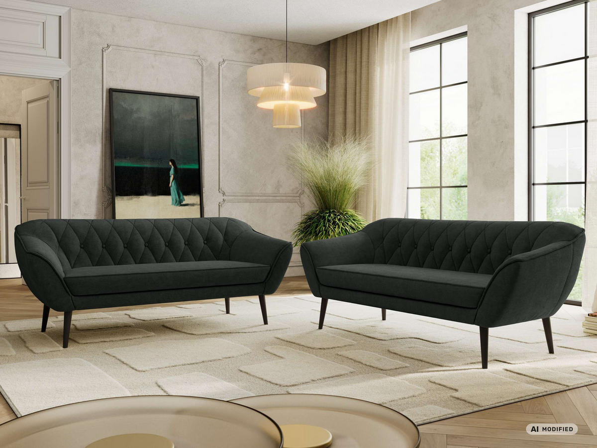 SEDACÍ SOUPRAVA PIRS 3+3 - Tmavě šedá Strukturovaná látka - Černé nohy - černá/tmavě šedá, kompozitní dřevo/textil (180/75/74cm) - MKS