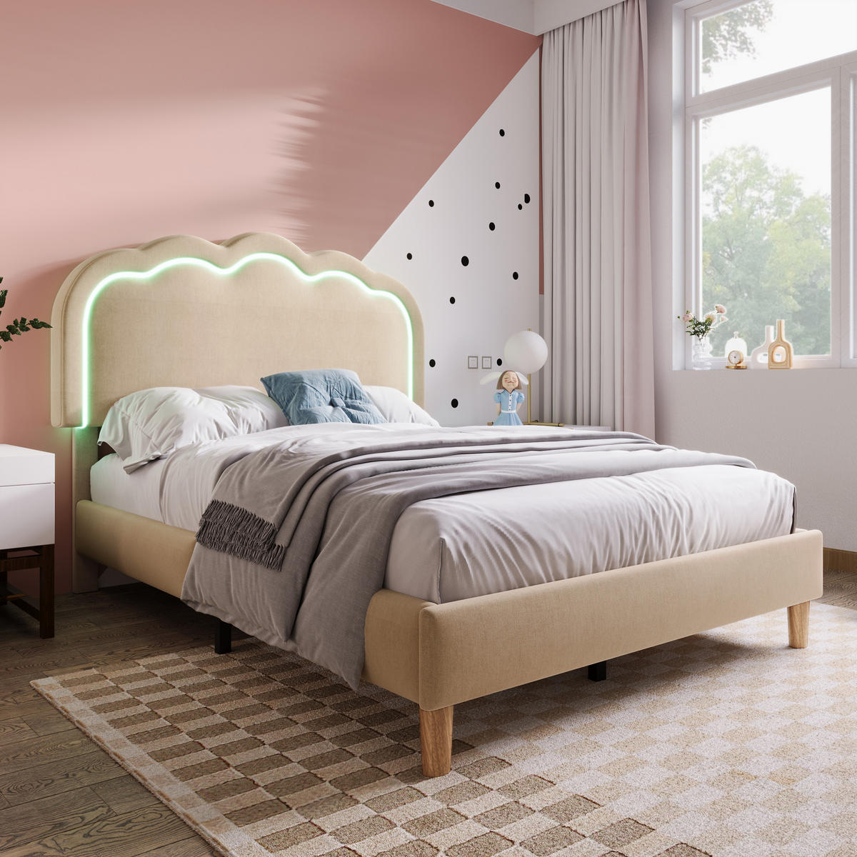 POLSTERBETT 90/200 cm in Beige mit LED und verstellbarem Kopfteil Leinen Puff-Design - Beige/Naturfarben, Holzwerkstoff/Textil (90/200cm) - STILVORA
