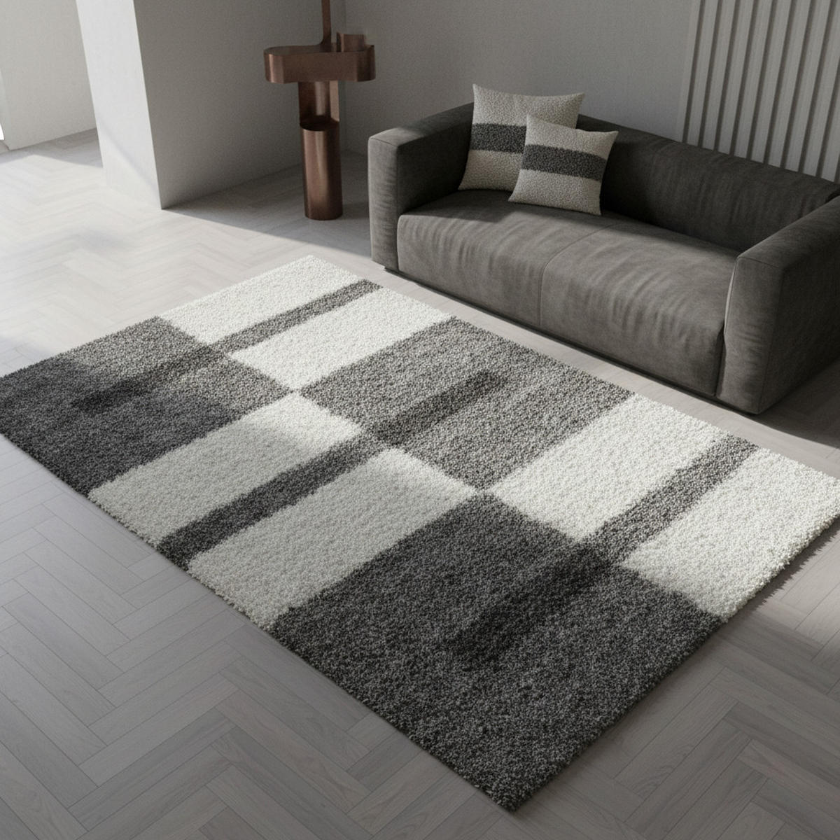 HOCHFLORTEPPICH Shaggy Kariert Kuschelig Waschbar Wohnzimmer Hellgrau 80x150 cm – WERFEN - Grau, Textil (80/150cm) - KADIMA DESIGN