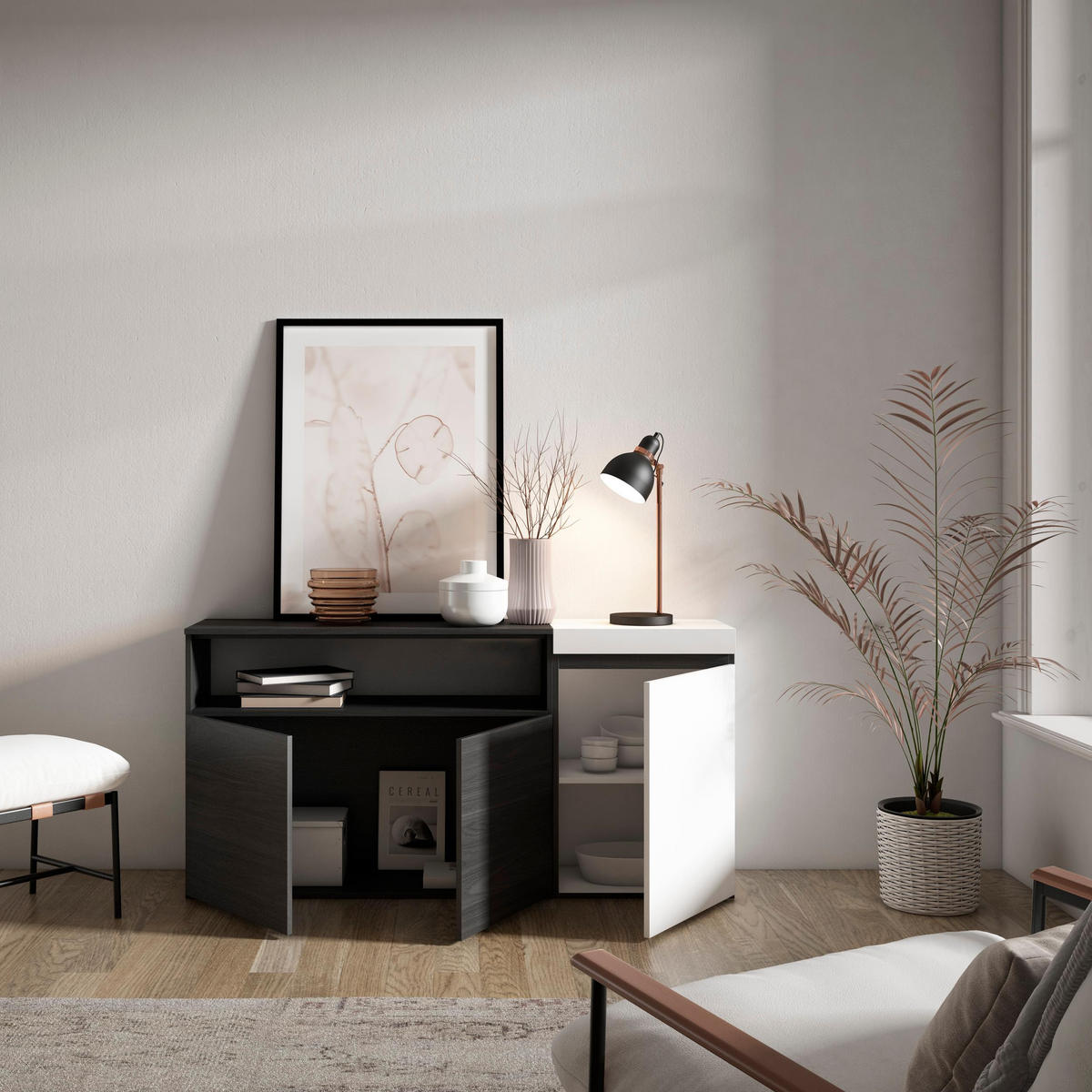 SIDEBOARD weiß und schwarz, 150/35/75cm - Multicolor, Holzwerkstoff (150/75/35cm) - Skraut Home