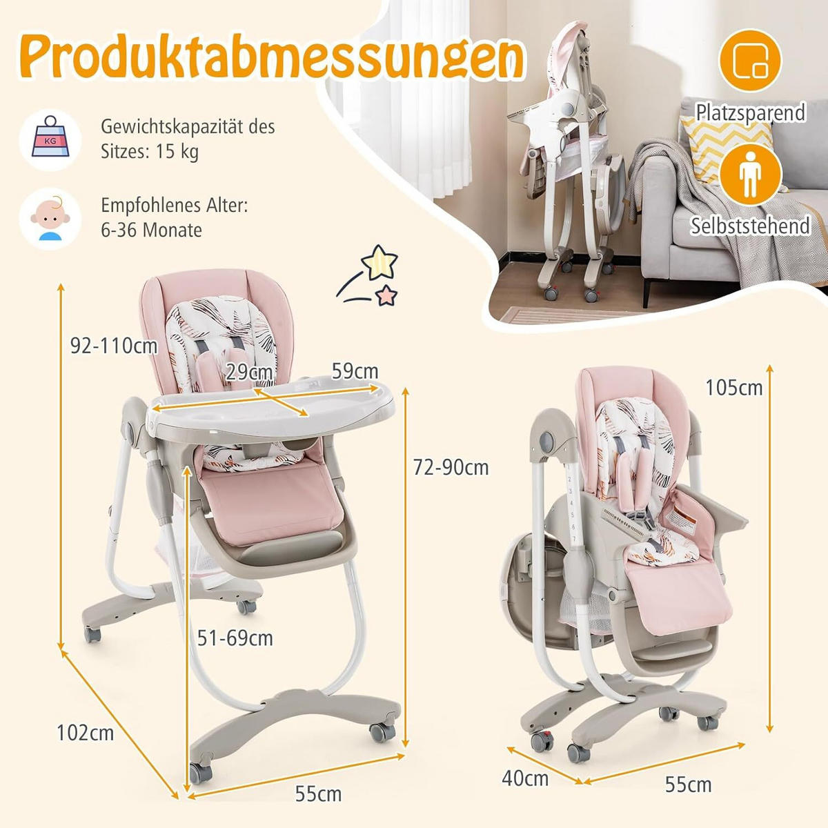 KINDERHOCHSTUHL Höhenverstellbar rosa - Pink, Kunststoff (102/92/55cm) - COSTWAY