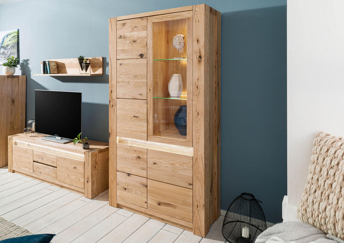 VITRINE Wildeiche 113x40x205 beige geölt KENT #202 - Beige, Holz (113/205/40cm) - Massivmoebel24