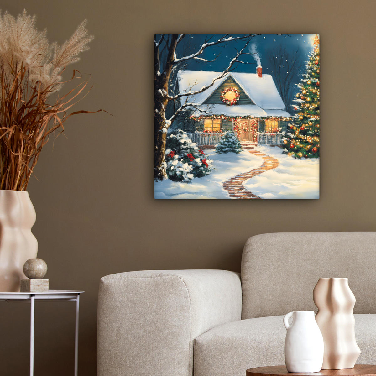 LEINWANDBILD Weihnachten - Weihnachtsbaum - Winter - Zuhause - Schnee 50x50 cm - Smaragdgrün, Textil (50/50cm) - MuchoWow