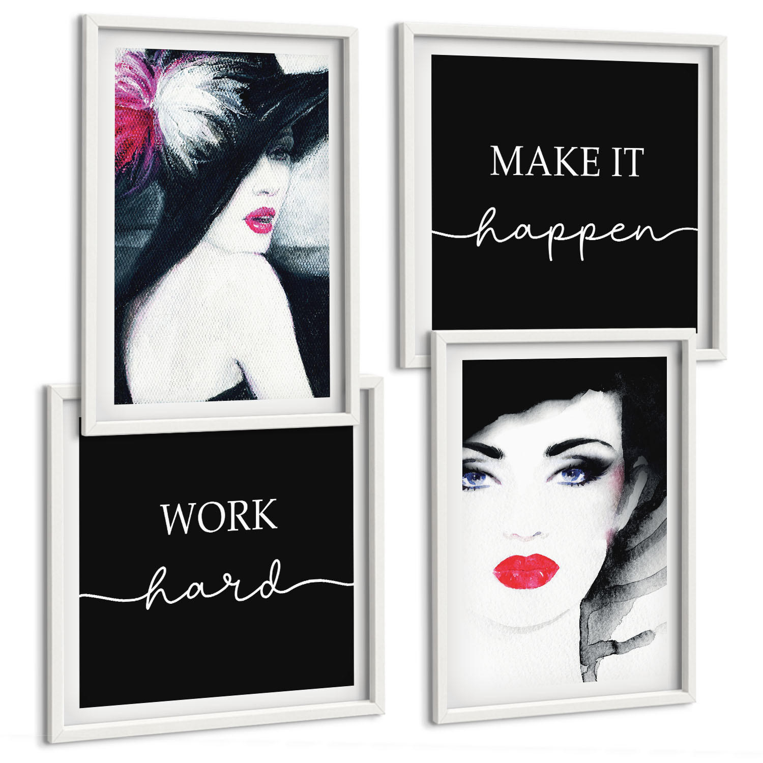 BILDER SET 4er Set - 50x50 cm & 40x60 cm Weißer Rahmen - Porträts von Frauen mit Lippen - Weiß, Kunststoff (50/50cm) - TULUP