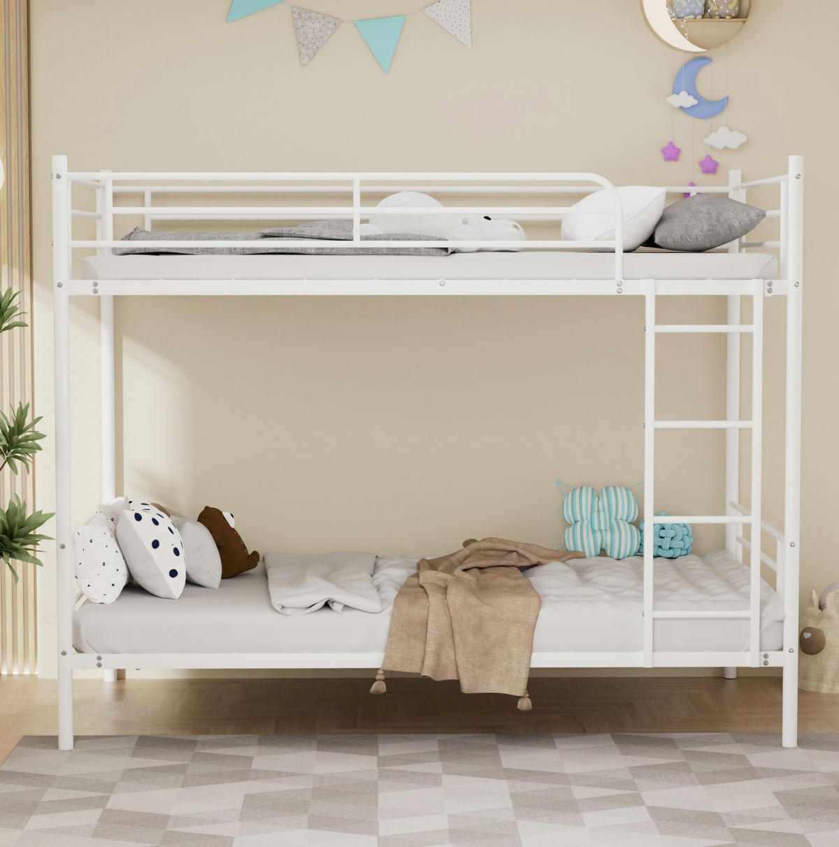 ETAGENBETT Stahl 90x190 cm Weiß mit Leiter und Absturzsicherung - Weiß, Metall (90/190cm) - Modfu