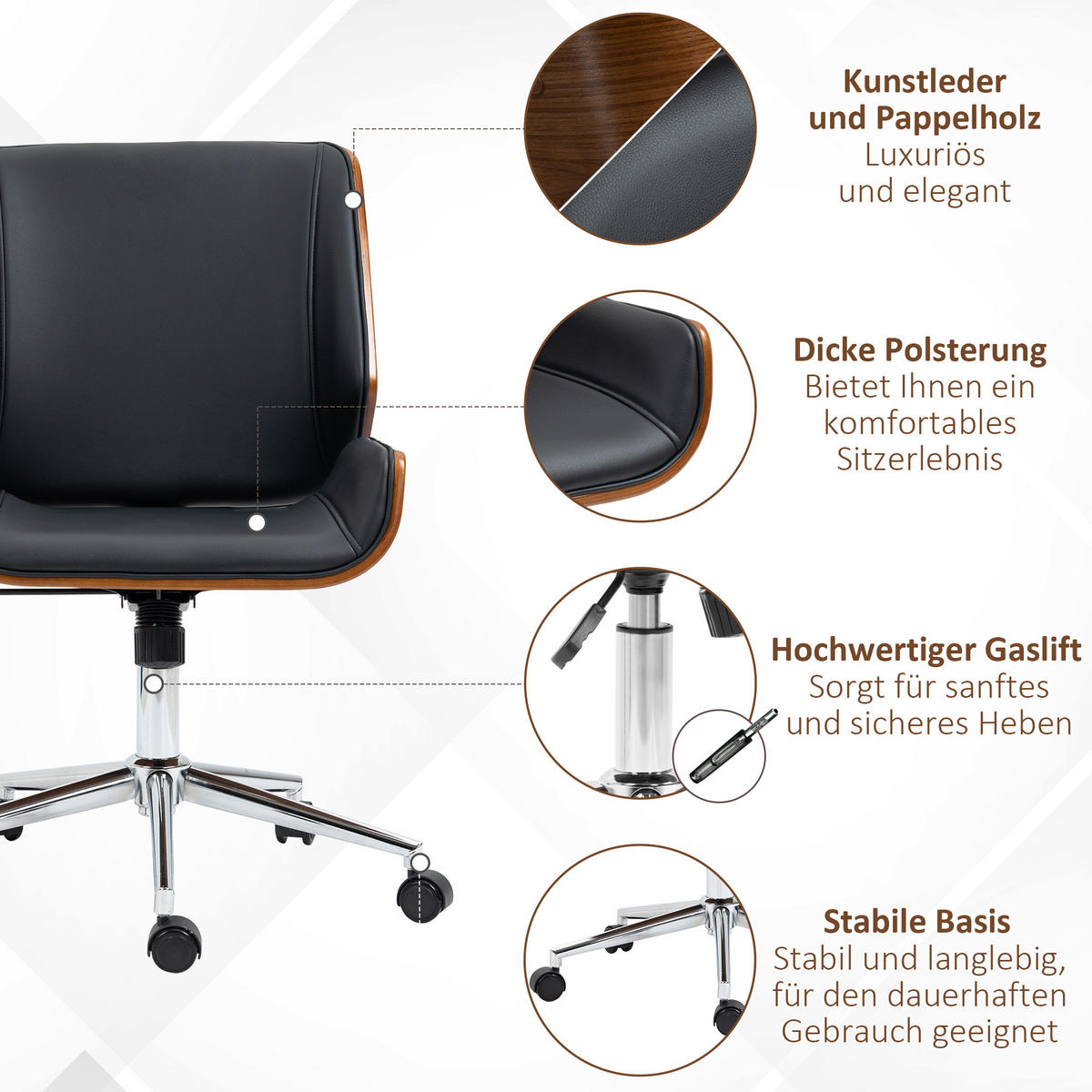 BÜROSTUHL mit Wippfunktion, Schwarz - Schwarz, Leder (60/96/53cm) - Vinsetto