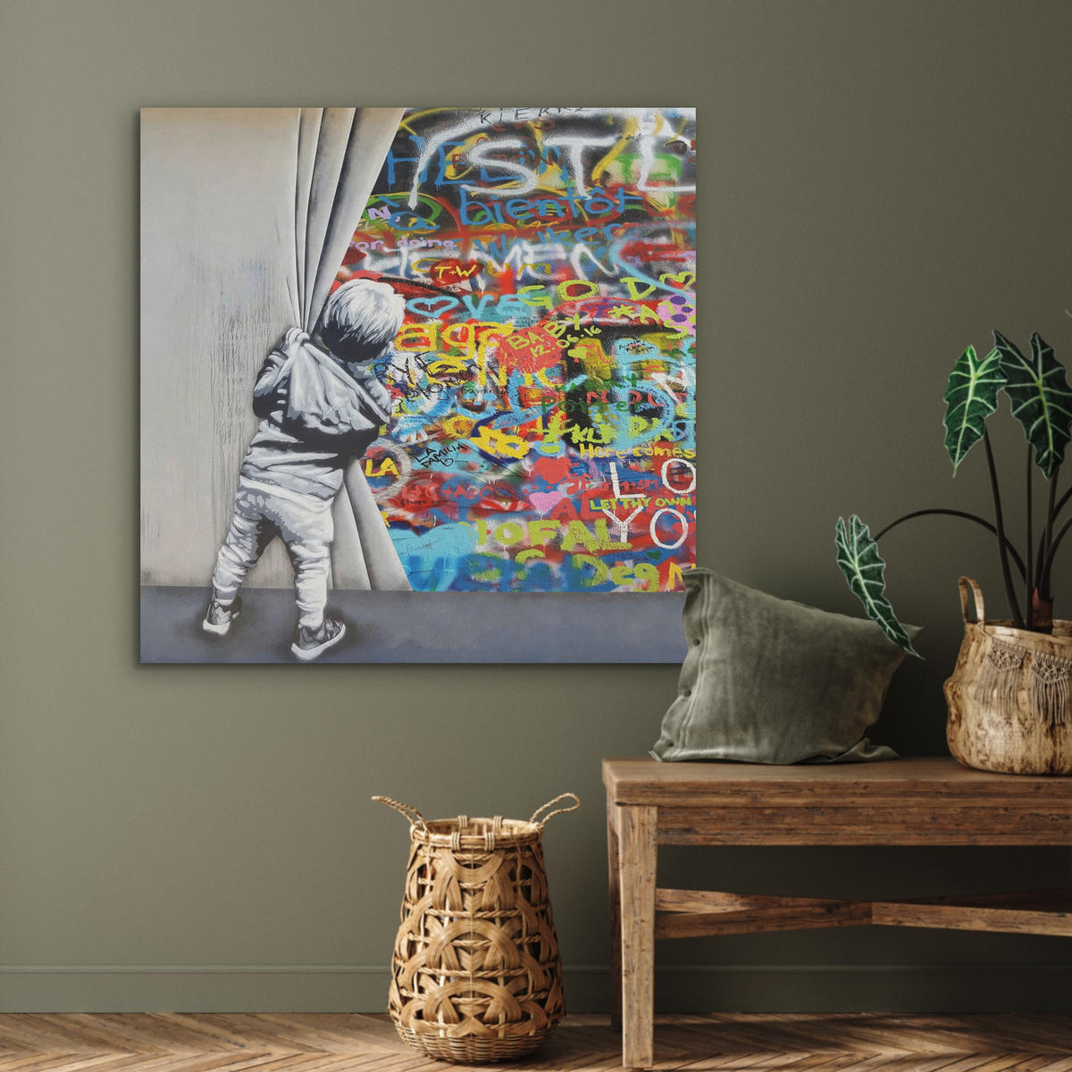 AKUSTIKBILD Graffiti - Junge - Ilussie - Straßenkunst Akustikpaneele 90x90 cm - Hellgrau, Textil (90/90/0.9cm) - MuchoWow