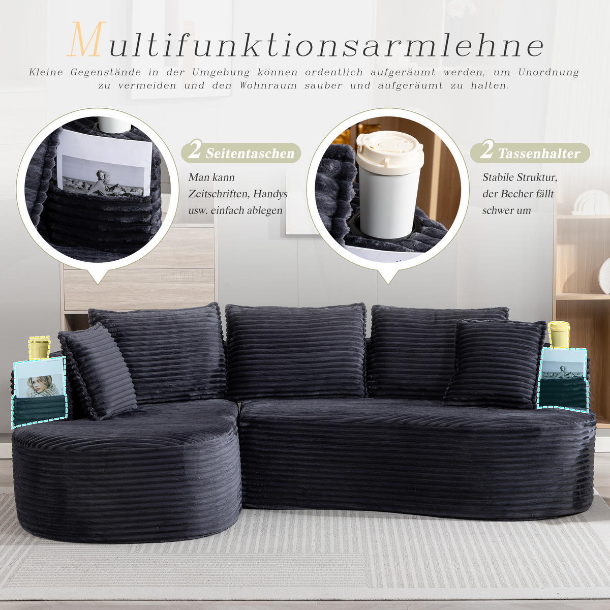 ECKSOFA aus Cord 250x152x82 cm Dunkelgrau mit Getränkehaltern, Seitentaschen und Kissen im Bogendesign - Dunkelgrau, Textil (250/152cm) - Modfu