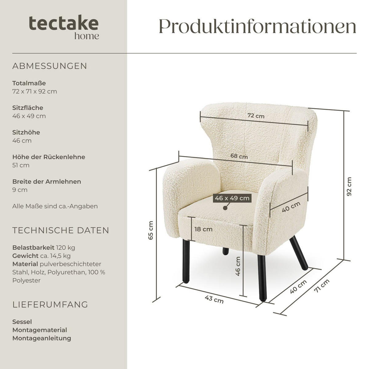 SESSEL Vänersborg, 72 x 71 x 92 cm, Bouclé creme/schwarz - Creme/Schwarz, Kunststoff (72/92/71cm) - tectake