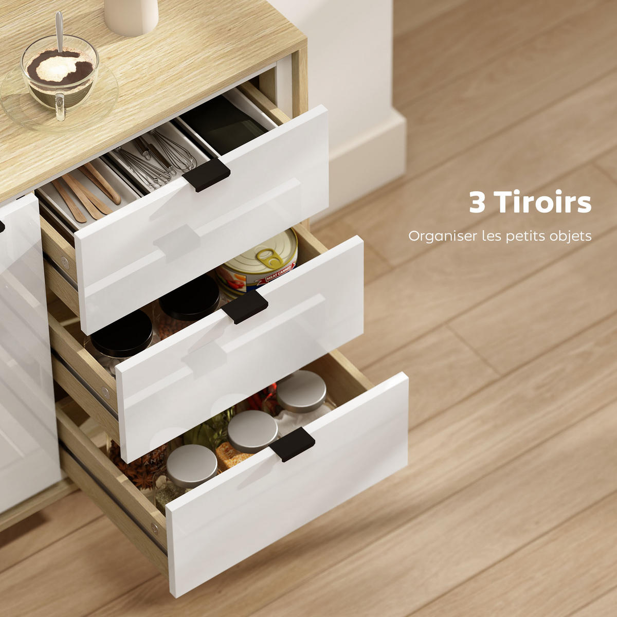 SIDEBOARD Weiß und Eiche-Nachbildung, 2 Türen, 3 Schubladen, 80/35/77 cm - Weiß Hochglanz, Holz (80/77/35cm) - PANGIVO