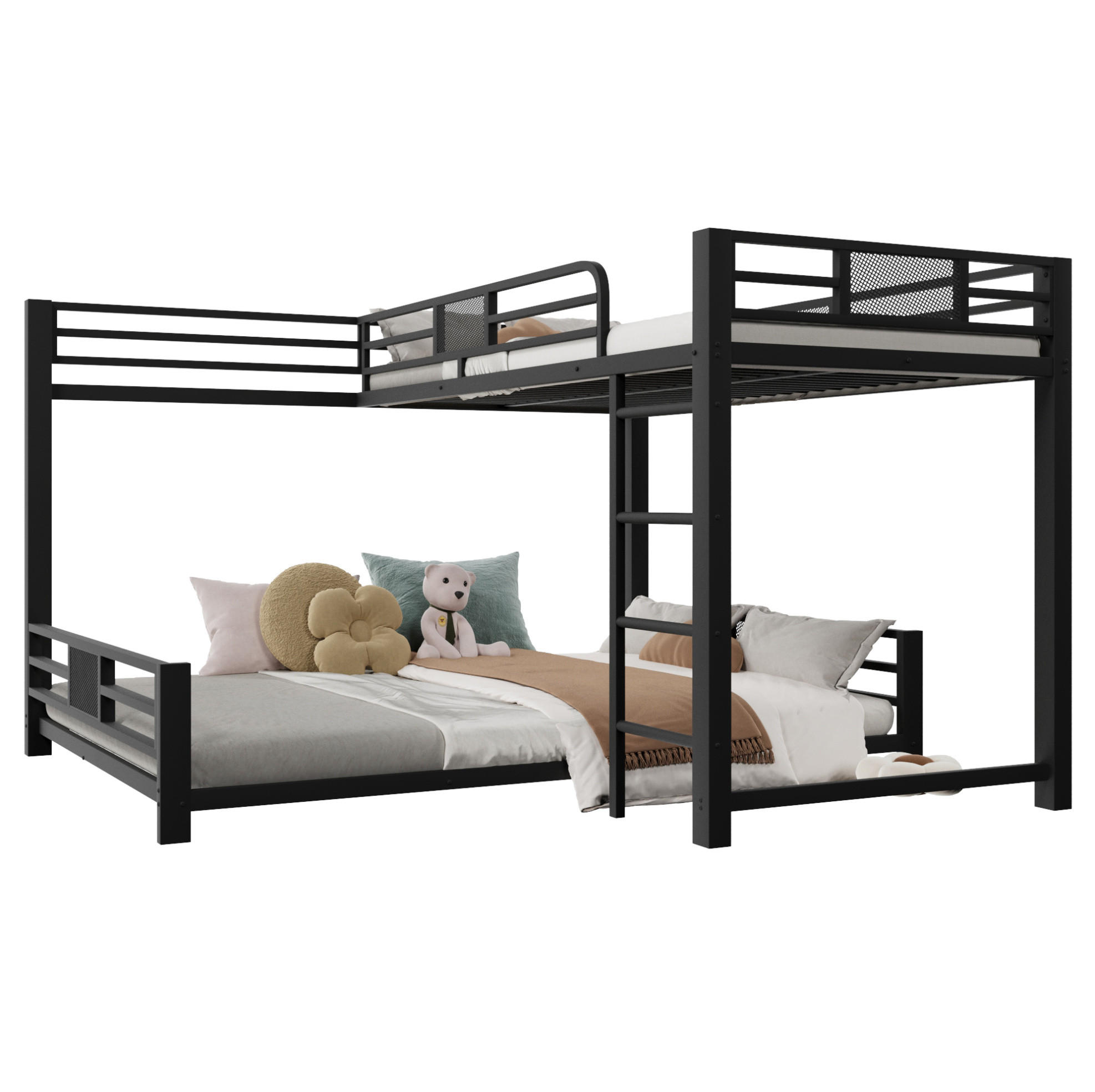 ETAGENBETT 90/200 über 140/200 cm aus Metall mit Schutzgittern und platzsparendem L-Design, Schwarz - Schwarz, Metall (140/200cm) - Redom