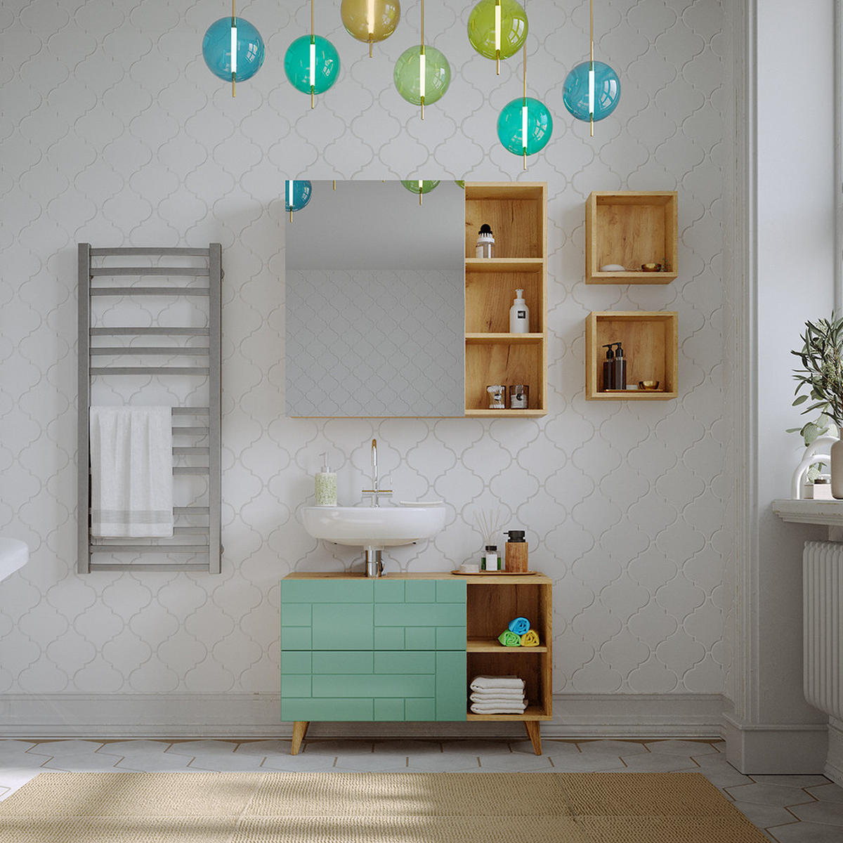 BADMÖBEL-SET Rudi Mintgrün 4 Teile - Eichefarben/Mintgrün, Holzwerkstoff (90/59/32cm) - Vicco
