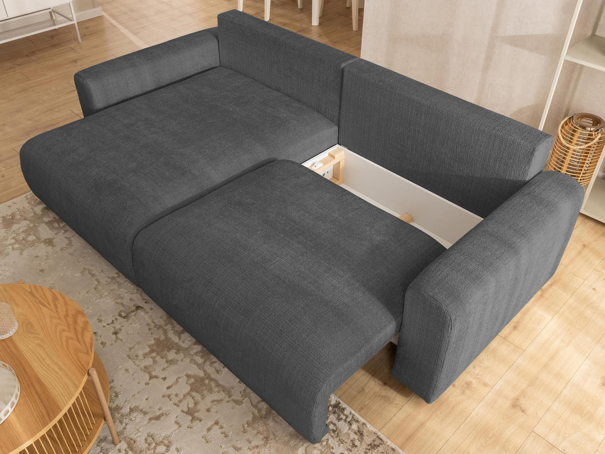 ECKSOFA Calma mit Schlaffunktion und Bettkasten im Bumpy-Design aus weichem Grau Chenille-Stoff - Ottomane links - Beige/Schwarz, Holz/Kunststoff (140/239cm) - S-Style Möbel