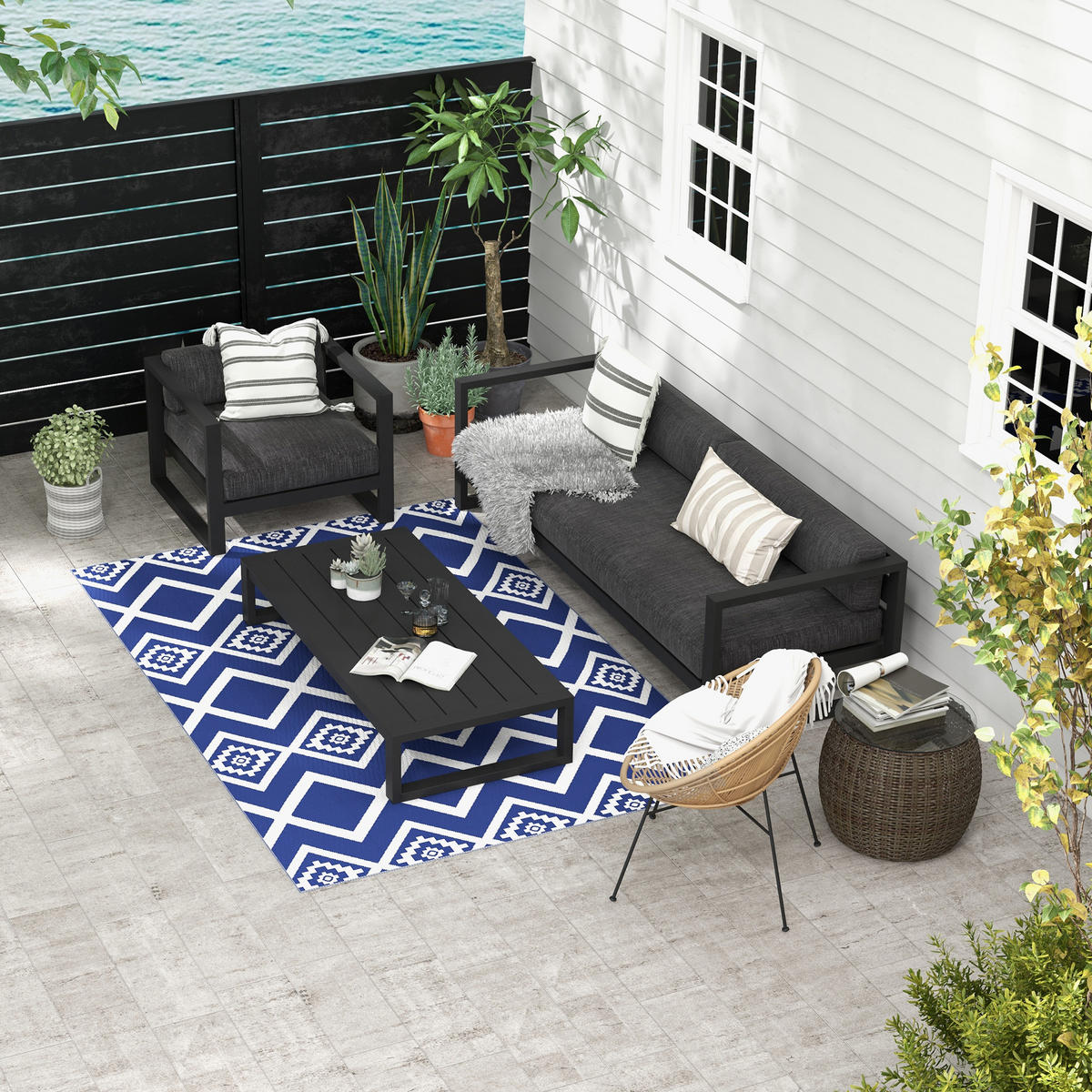 OUTDOORTEPPICH, Kunststoff, Blau+Weiß - Blau/Weiß, Kunststoff (182/274cm) - Outsunny
