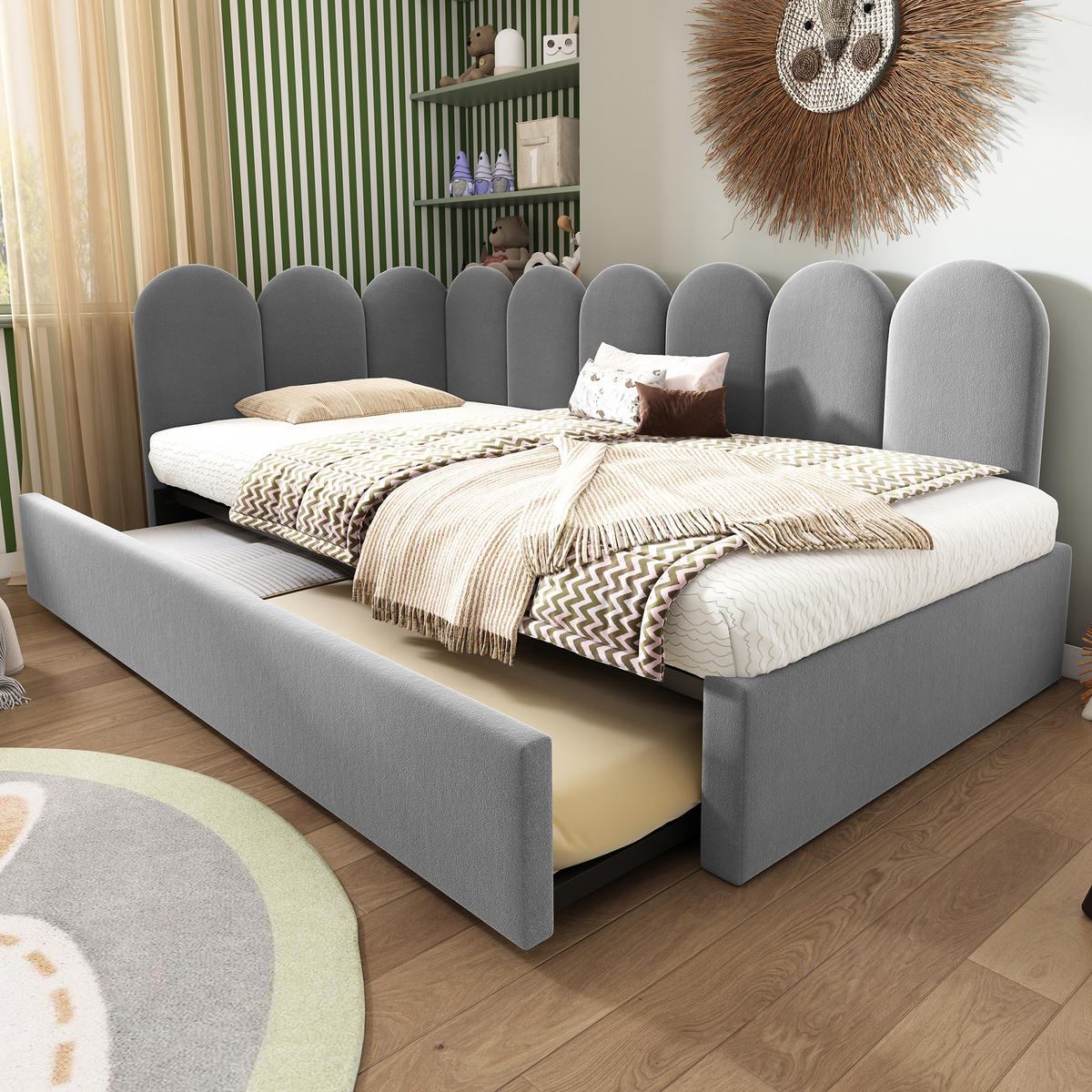 POLSTERBETT 90/200 cm mit Ausziehbett 90/190 cm, Samtbezug, Gitter-Design und Lattenrost, Grau - Grau, Textil (90/200cm) - Redom