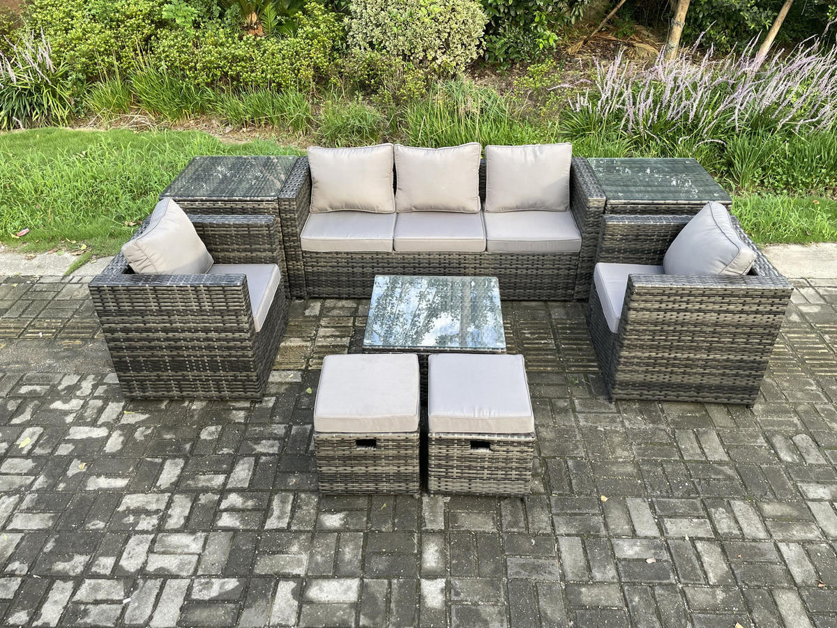 GARTENSET mit Beistelltisch Polyrattan 7-Sitzer - Dunkelgrau, Metall - Fimous