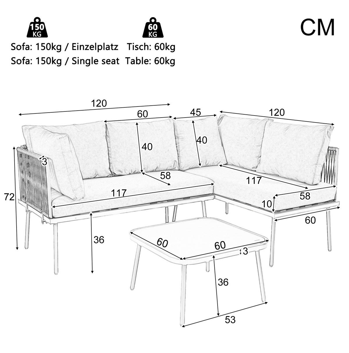 GARTENMÖBEL 120x60x72cm grau aus Eisen für 8 Personen - Grau, Metall - Modfu