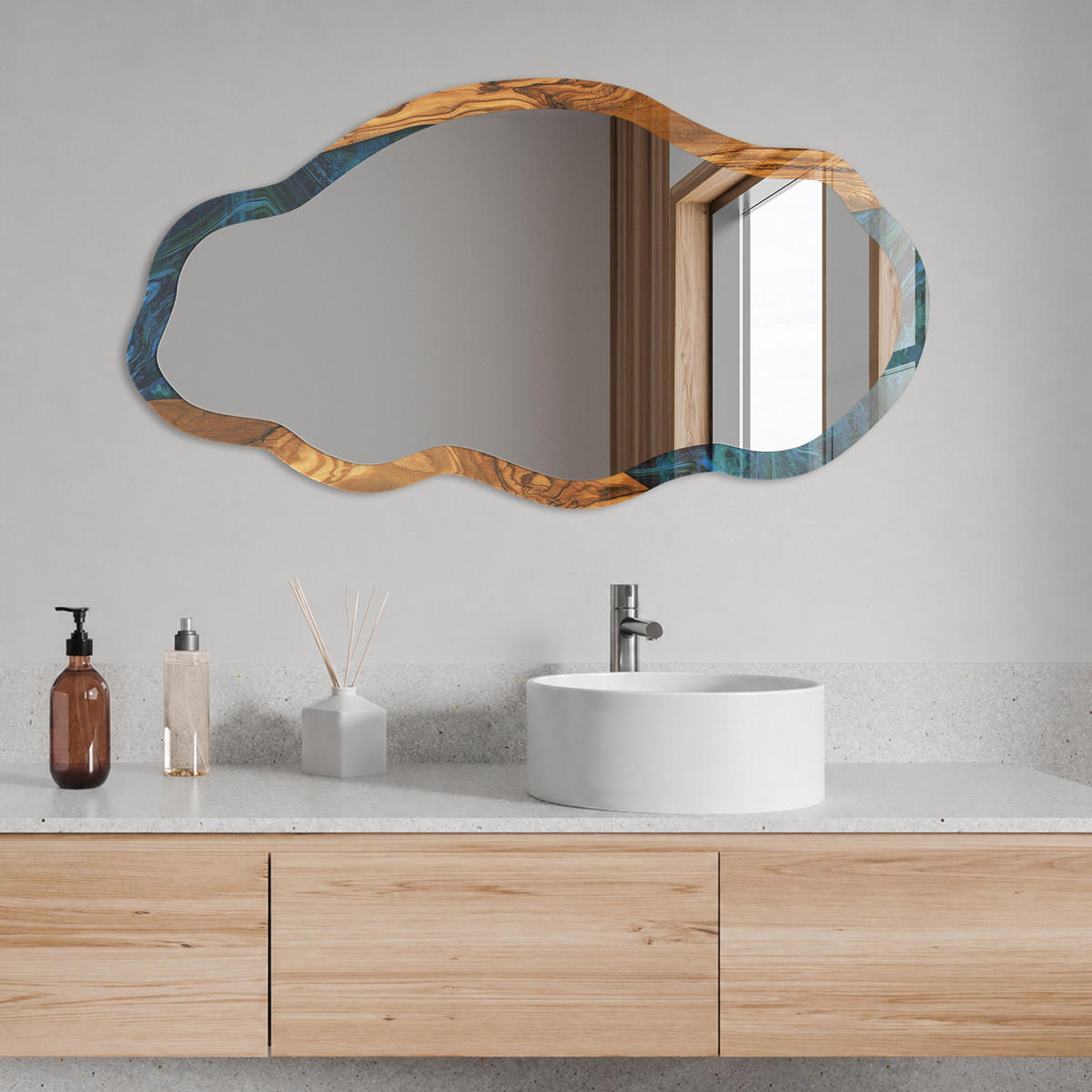 SPIEGEL 90x45 cm asymmetrisch mit Druck - Holzwellen - Transparent, Glas (45/90/0.4cm) - TULUP
