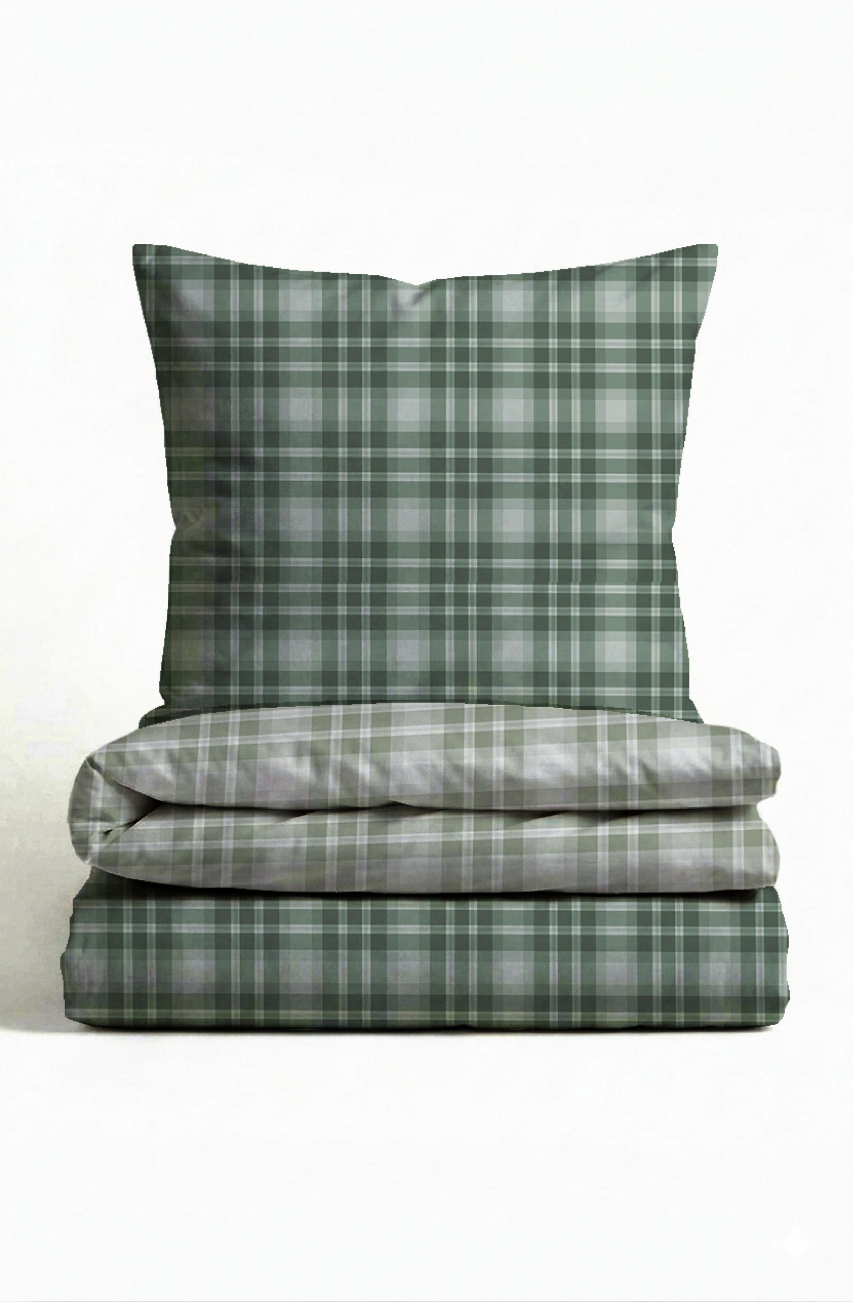BETTWÄSCHE-GARNITUR Premium Biber Karo Tartan salbei, 135x200 cm + 80x80 cm - Salbeigrün, Textil (135/200cm) - biberna