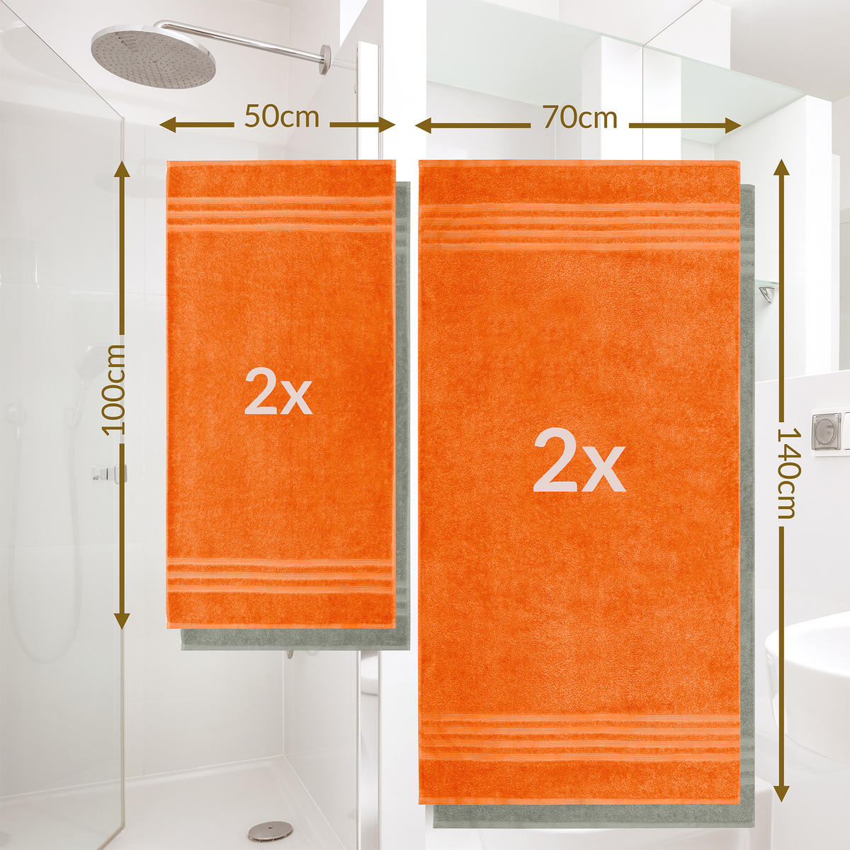 HANDTUCH Set London 4-teilig, 2x Handtuch 50x100 + 2x Duschtuch 70x140 Grau - Orange - Orange/Grau, Textil (70/140cm) - Lashuma