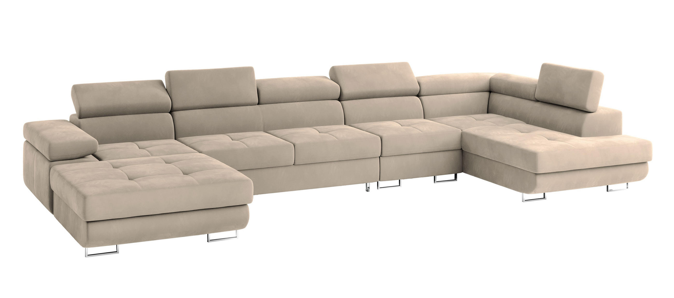 WOHNLANDSCHAFT VELORA R-S Creme Velours-Stoff mit Schlaffunktion - Creme, Holz (419/90/202cm) - MASSENO