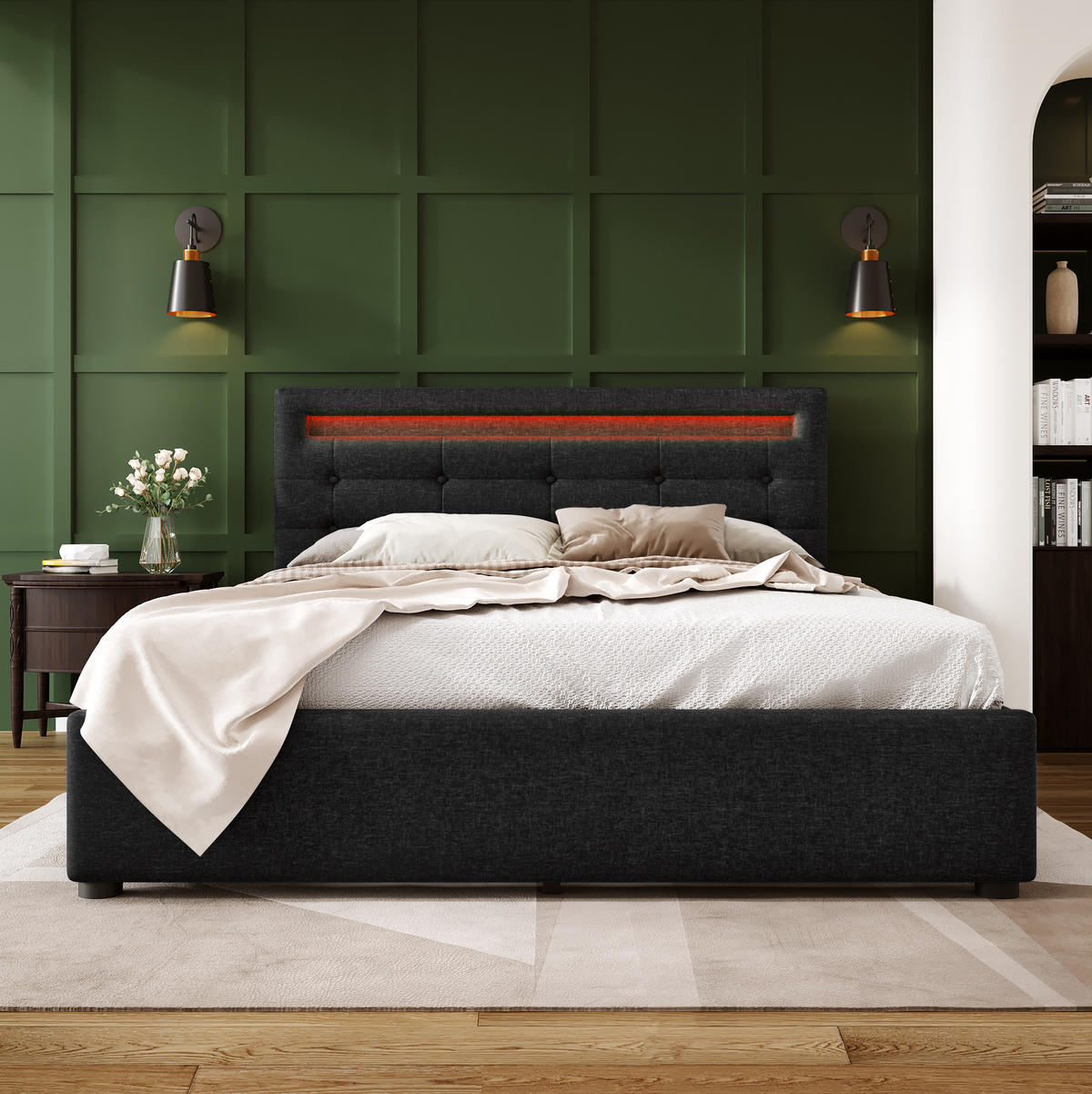 BETT mit LED und 4 Schubladen 140x200 cm Leinen Schwarz - Schwarz, Metall (140/200cm) - Meubliv