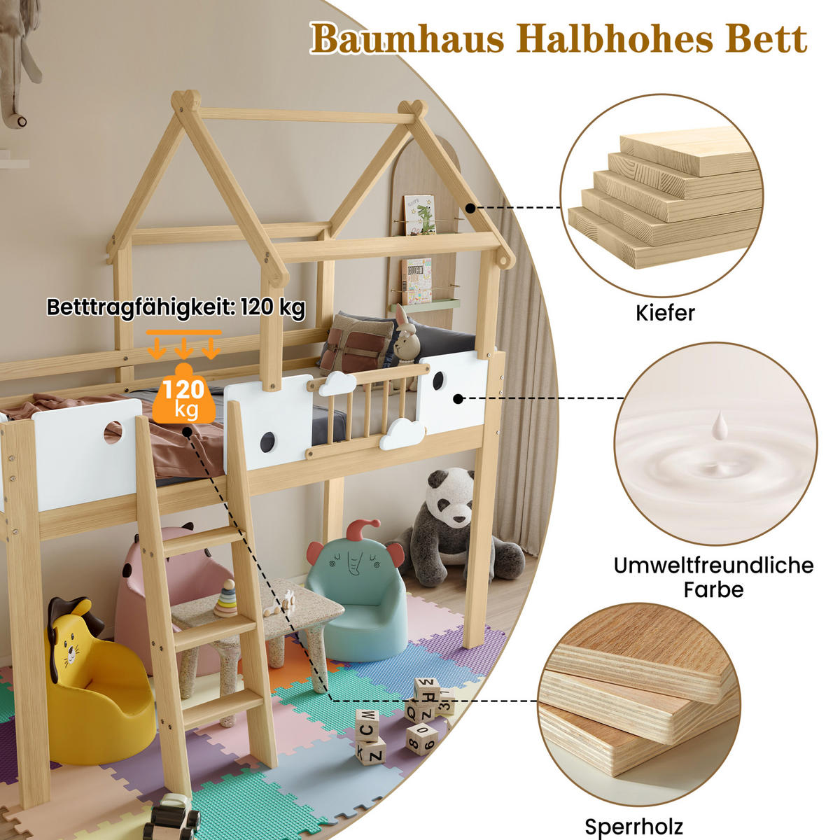 HOCHBETT 90/200 cm aus Kiefer/MDF mit Dachdesign, Fallschutz, 3-stufiger Leiter und frei nutzbarem Unterraum, Weiß/Natur - Weiß, Holzwerkstoff (90/200cm) - Redom