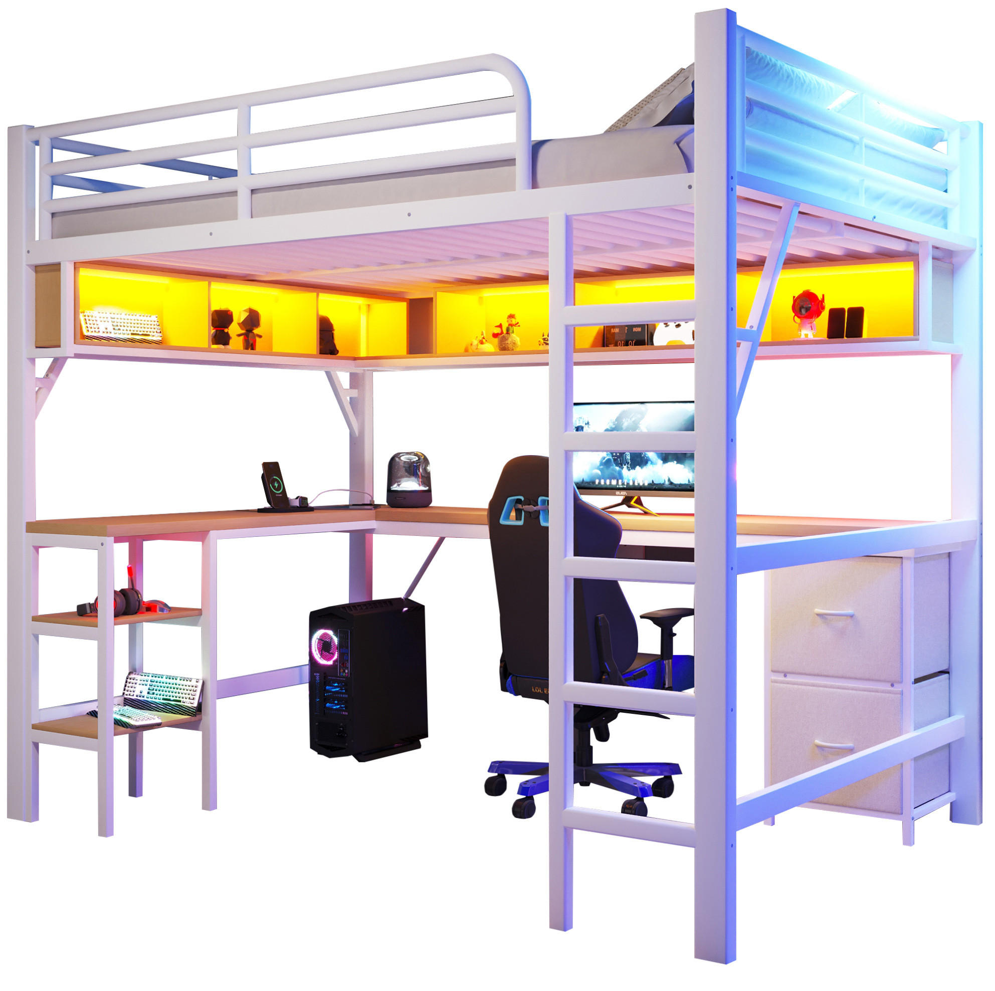 HOCHBETT 140/200 cm weiß aus Metall mit Schreibtisch mit LED und USB - Weiß, Holzwerkstoff (140/200cm) - OKWISH