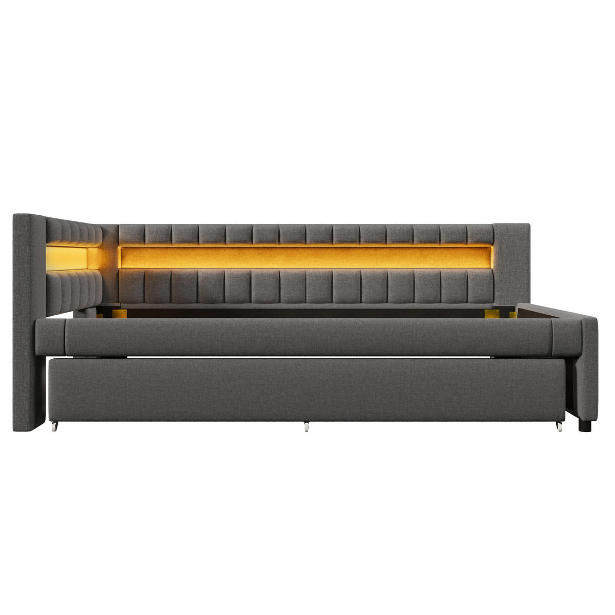 POLSTERBETT 90/200 cm Grau mit LED-Beleuchtung und USB- und Type-C-Anschlüssen aus Leinen - Grau, Textil (90/200cm) - OKWISH