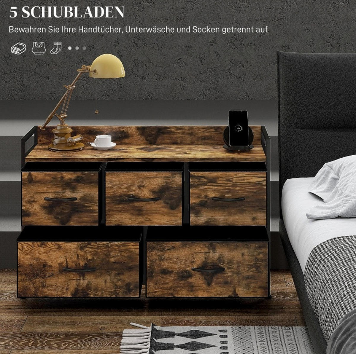 KOMMODE 98/29/63 cm mit 5 Stoffschubladen und Stahlgestell - Braun, Holzwerkstoff (98/63/29cm) - BEAOK