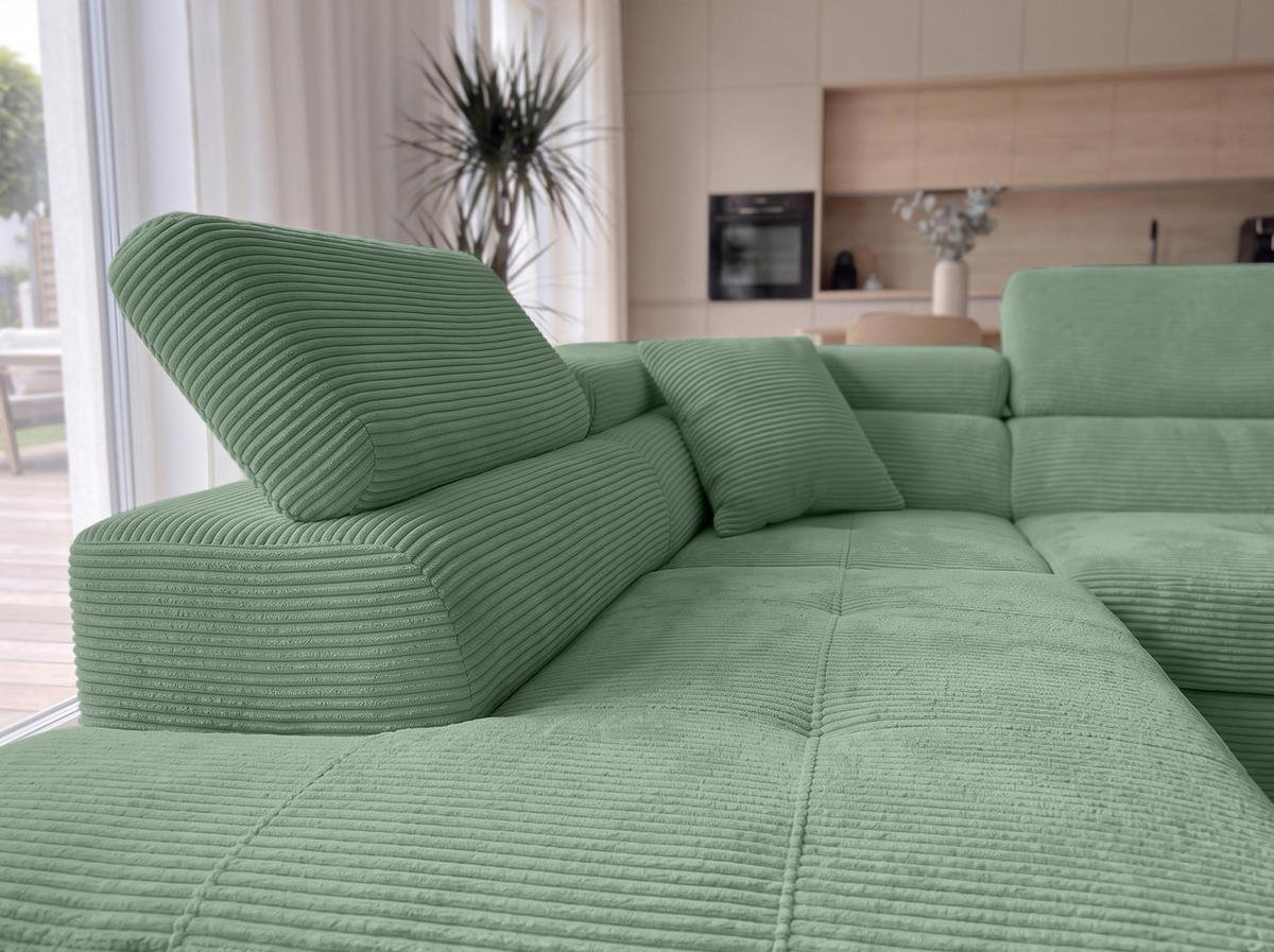 ECKSOFA L Form Konak Salbeigrün 276/201/90 cm Links mit Schlaffunktion - Salbeigrün/Silberfarben, Textil/Metall (203/276cm) - AX Living
