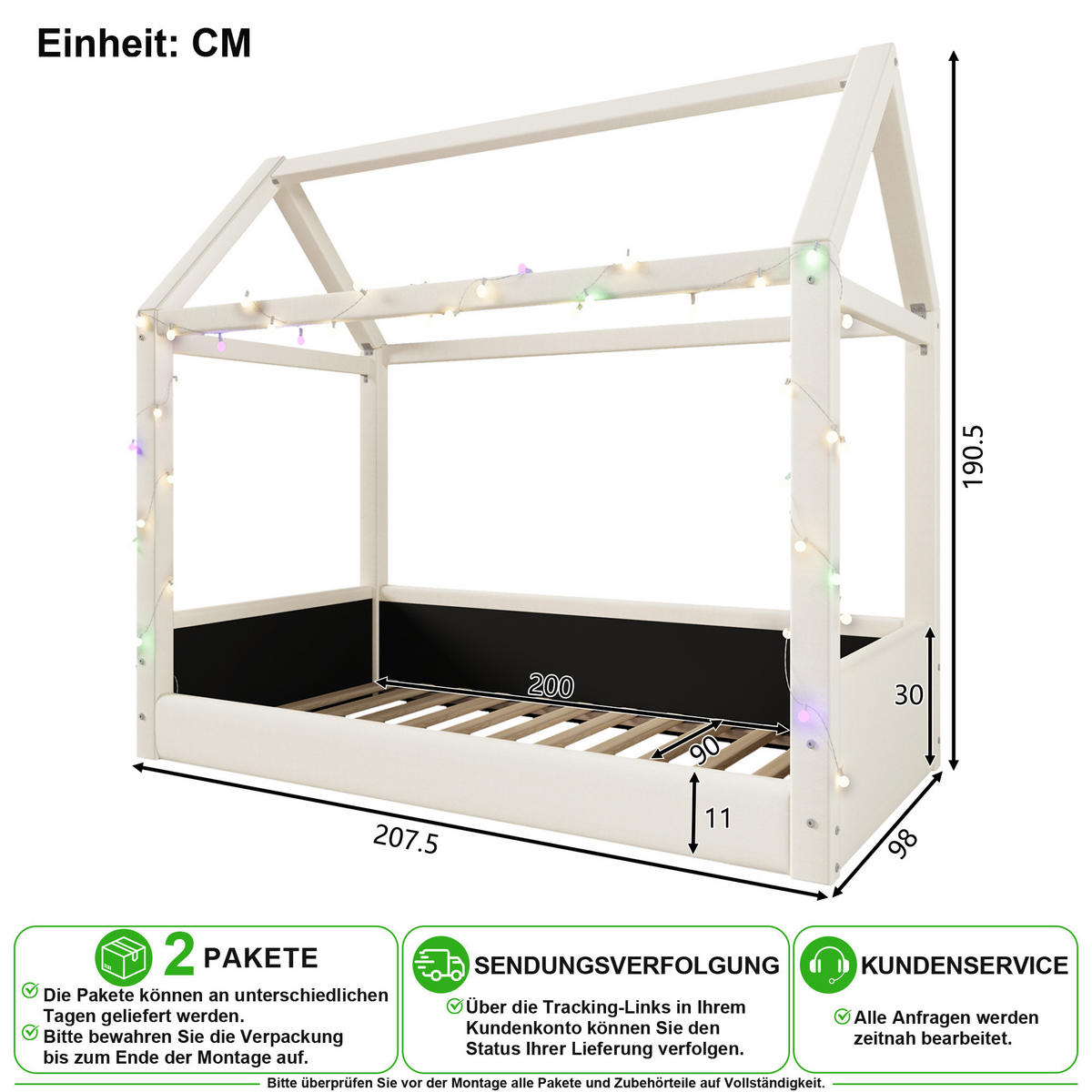 HAUSBETT 90/200 cm in Beige mit LED Leinen - Beige, Holzwerkstoff/Textil (90/200cm) - CHICFURN
