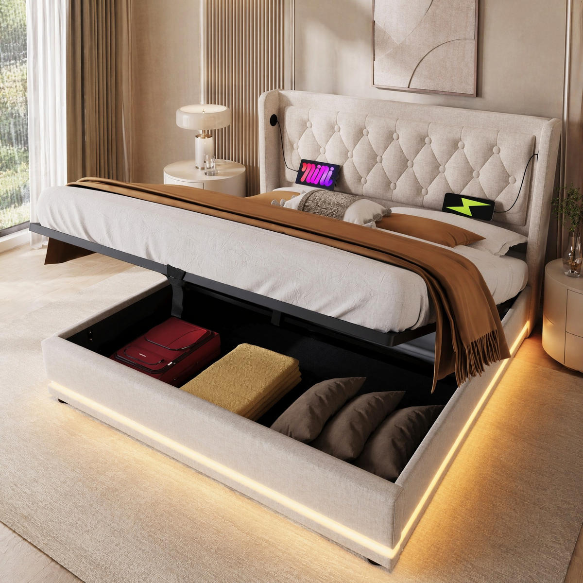 POLSTERBETT 160/200 mit Bettkasten, LED und USB in Beige - Beige, Holzwerkstoff/Textil (160/200cm) - EVRYAE