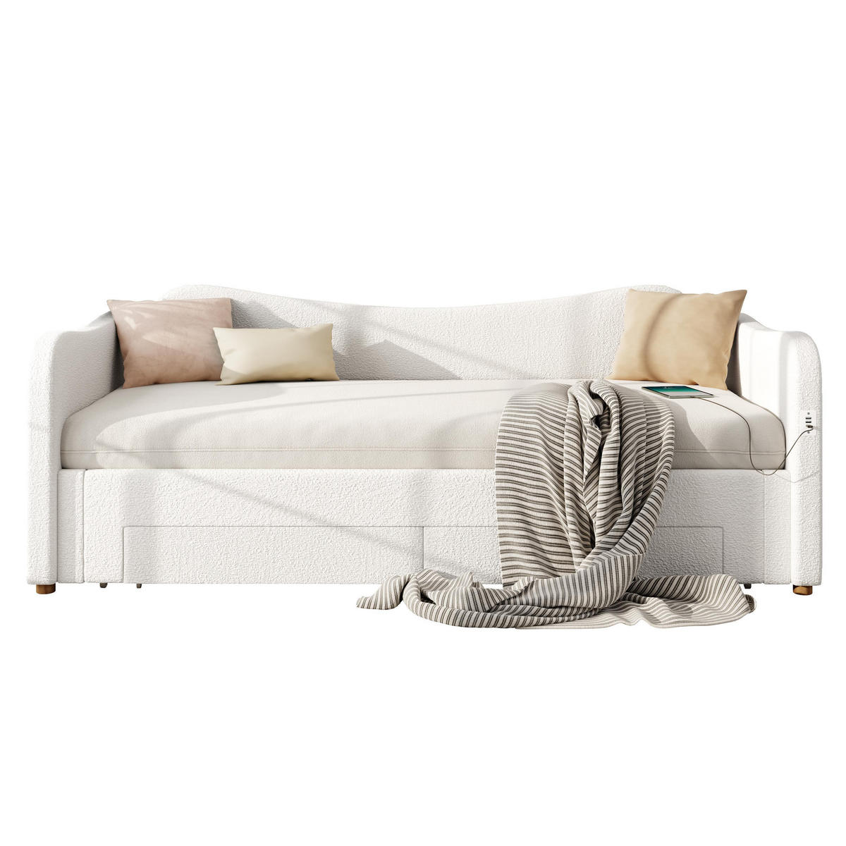 POLSTERBETT 90x200cm mit USB-Anschluss in Beige Bouclé - Beige, Holz/Textil (90/200cm) - KOMHTOM